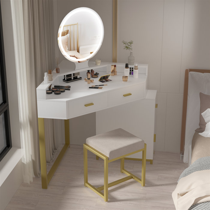 17 Stories Corner Vanity Desk with Lighted Mirror and Stool Wayfair